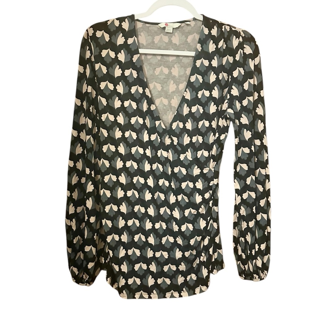 Boden Black Wrap Blouse with Cream Leaf Motif